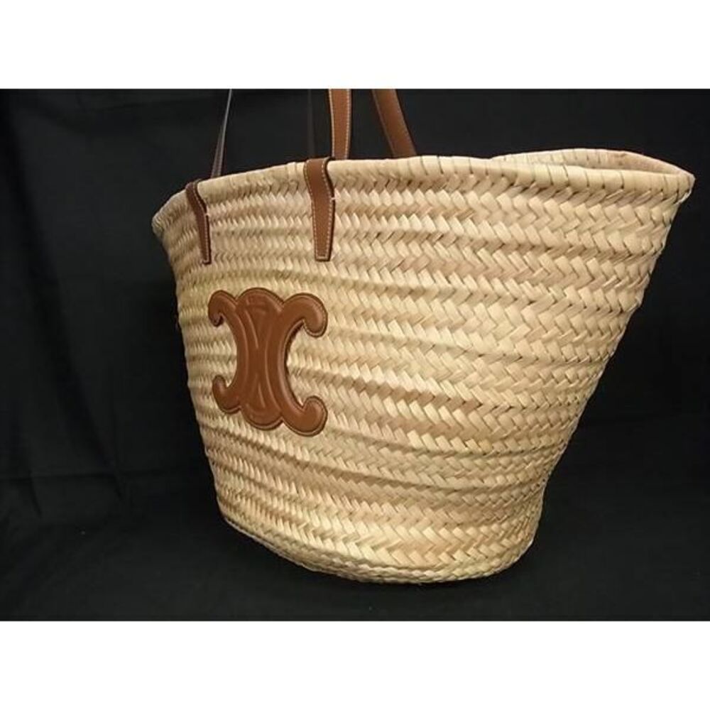 CELINE Triomphe Raffia Basket Bag Shoulder Tote Beige - Picture 3 of 7